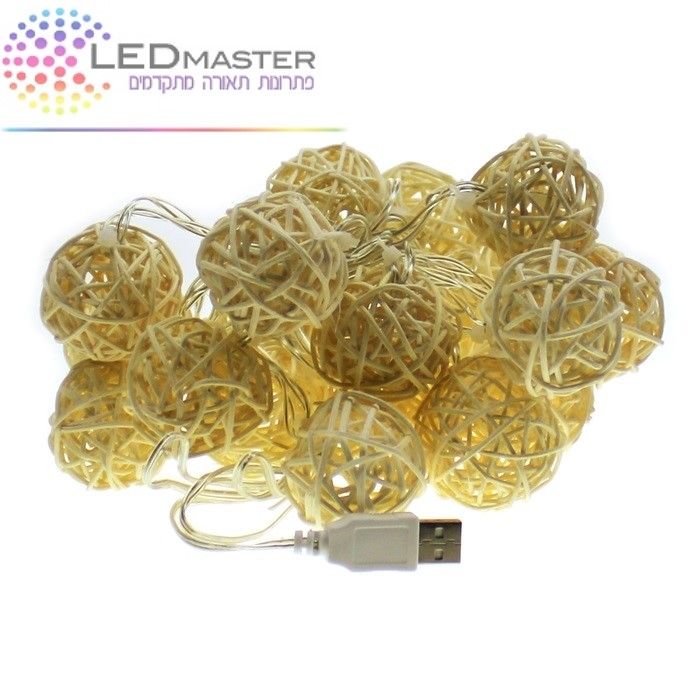 חבל כדורי לדים 4 ס"מ 20 לדים 3 מטר אור חם USB חבל כדורי לדים 4 ס"מ 20 לדים 3 מטר אור חם USB